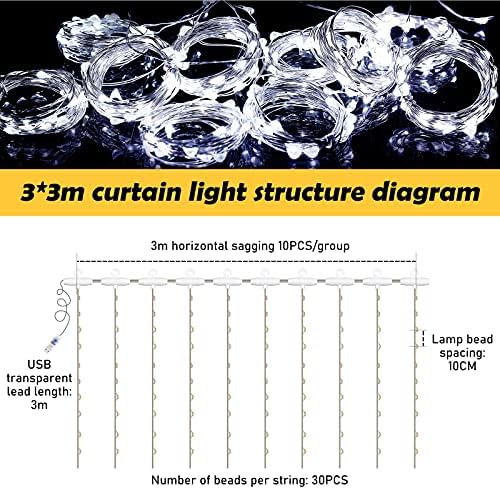 Anpro LED Curtain Light, USB DC5V Power Supply 300 LEDs Cool White Curtain Light, 3 * 3 Meters with Remote Control 8 Light Modes LED String Lights, Wedding Party Home Garden All Decoration