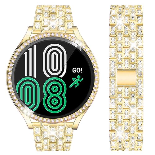 DEALELE �o���h Samsung Galaxy Watch 4 40mm / 44mm�Ή� �L���L�����C���X�g�[���_�C�������h���^���X�`�[���X�g���b�v �ی�P�[�X�J�o�[ + �����K���X�X�N���[���v���e�N�^�[ (�S�[���h)