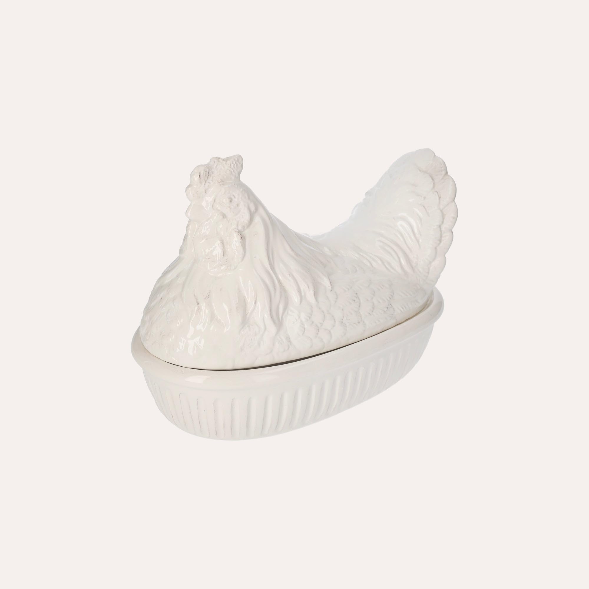 Keyhomestore-Gallina in Ceramica Centrotavola – Colore Bianco Lucido, Decorazione Shabby Chic per Tavola di Pasqua, Porta Uova, Stile Country, Idea Regalo H24 x L33 cm