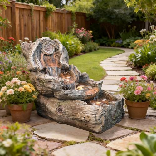 Image of Sunlinua 31.5 inch L Outdoor Water Fountain with 3 Tiers Cascading Realistic Tree Trunk Waterfall Fountains with LED Lights Outdoor Water Fountain for Garden Patio Backyard Porch Home Decor