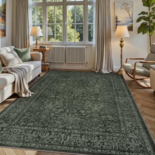 Tapete Floral Verde Oscuro Hogar Boho Vintage 5x7 Lavable miniatura 1