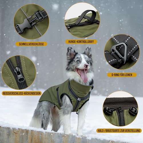 OneTigris Hundejacke, Wasserdichter Winterweste Jacken Hundemantel Mit Bediengriff, Bequeme Ausscheidung, Reißverschluss und Elastisches Design, Einfaches An-und Ausziehen, Reflektierend,M,Armeegrün
