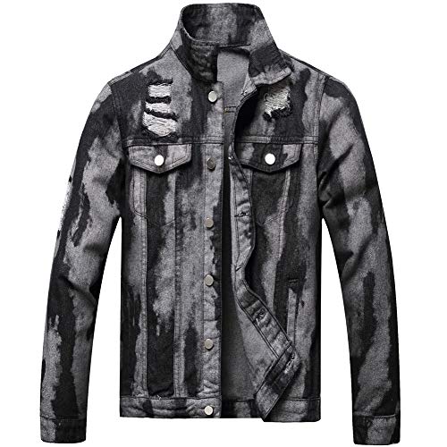 Image of LZLER Men's Denim Jackets Distressed Destroyed Classic Vintage Slim Fit Ripped Fashion Trendy Trucker Jean Jackets