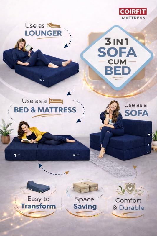 Image of Coirfit (4-in-1 Two Seater Sofa Cum Bed (1 Year Warranty) with 2 Free Cushions | Folding Sofa, Bed, Lounger, Diwan | Removable Washable Cover | Compact & Lightweight -Dark Blue 4x6 Feet