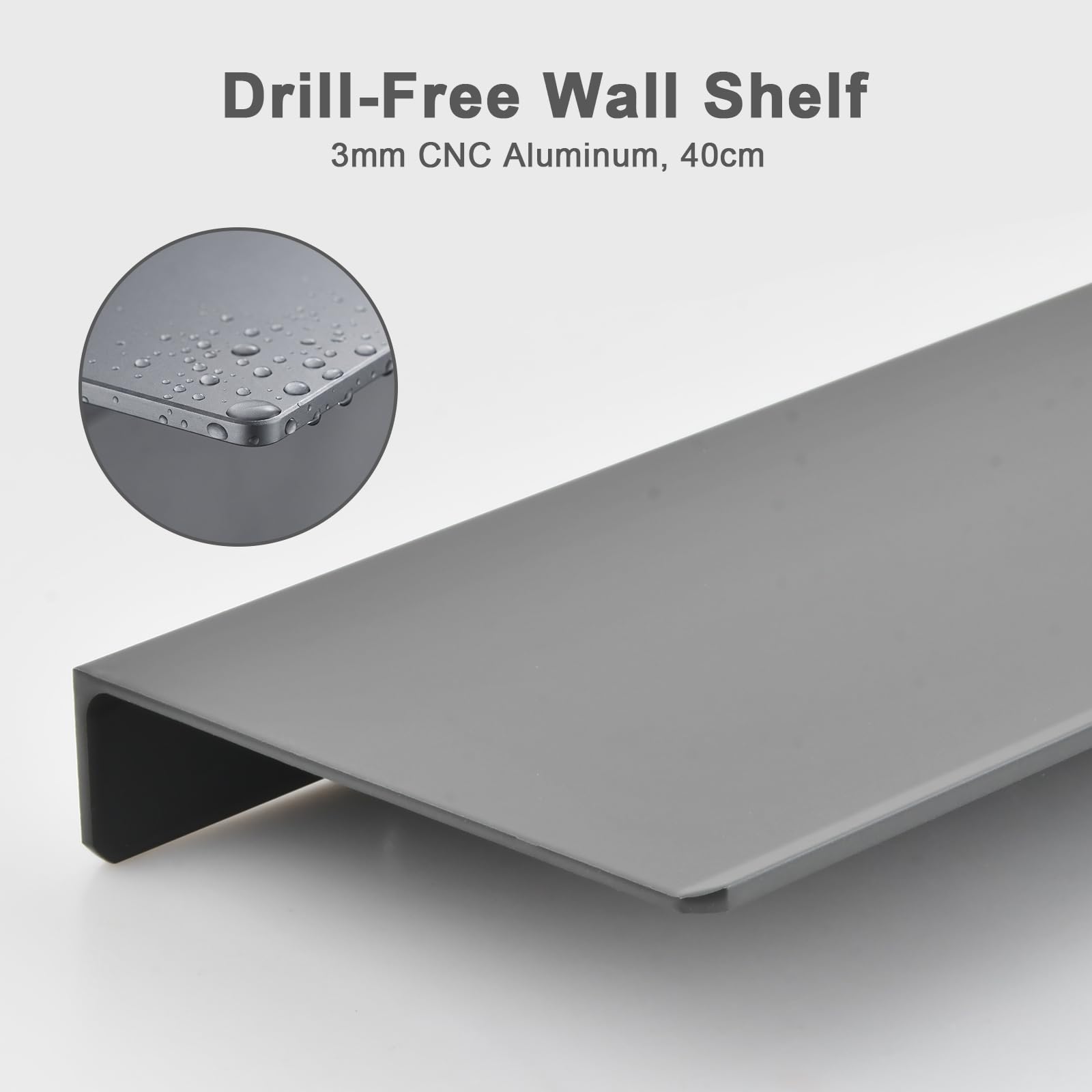 Estantería Ducha 40 cm sin Taladro, Aleación de Aluminio Estantes de Pared con Tornillos de Expansión y Adhesiva, Baldas Flotantes Gris, Repisas de Pared para Baño Salón Dormitorio Cocina