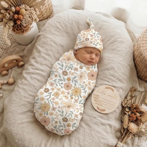 Image of Newborn Receiving Nursery Flower Blanket Baby Swaddle Wrap with Hat Set