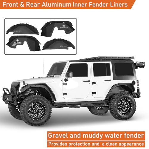 Image of Hooke Road JK Aluminum Front Rear Inner Fender Liners for 2007-2018 Jeep Wrangler JK 2 /4 Doors, Splash Mud Guard Wheel Well Liner Covers - 4PCS Set