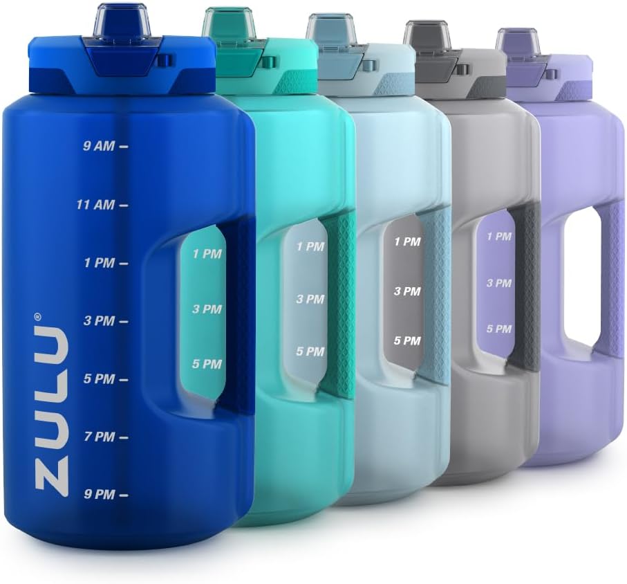 ZULU Goals 128oz Half Gallon Plastic Water Bottle with Straw and Time Marker | Large Reusable Jug with Handle and Leak Proof Lid for All Day Hydration, Gym and Outdoors, Gift Ready, Royal Blue