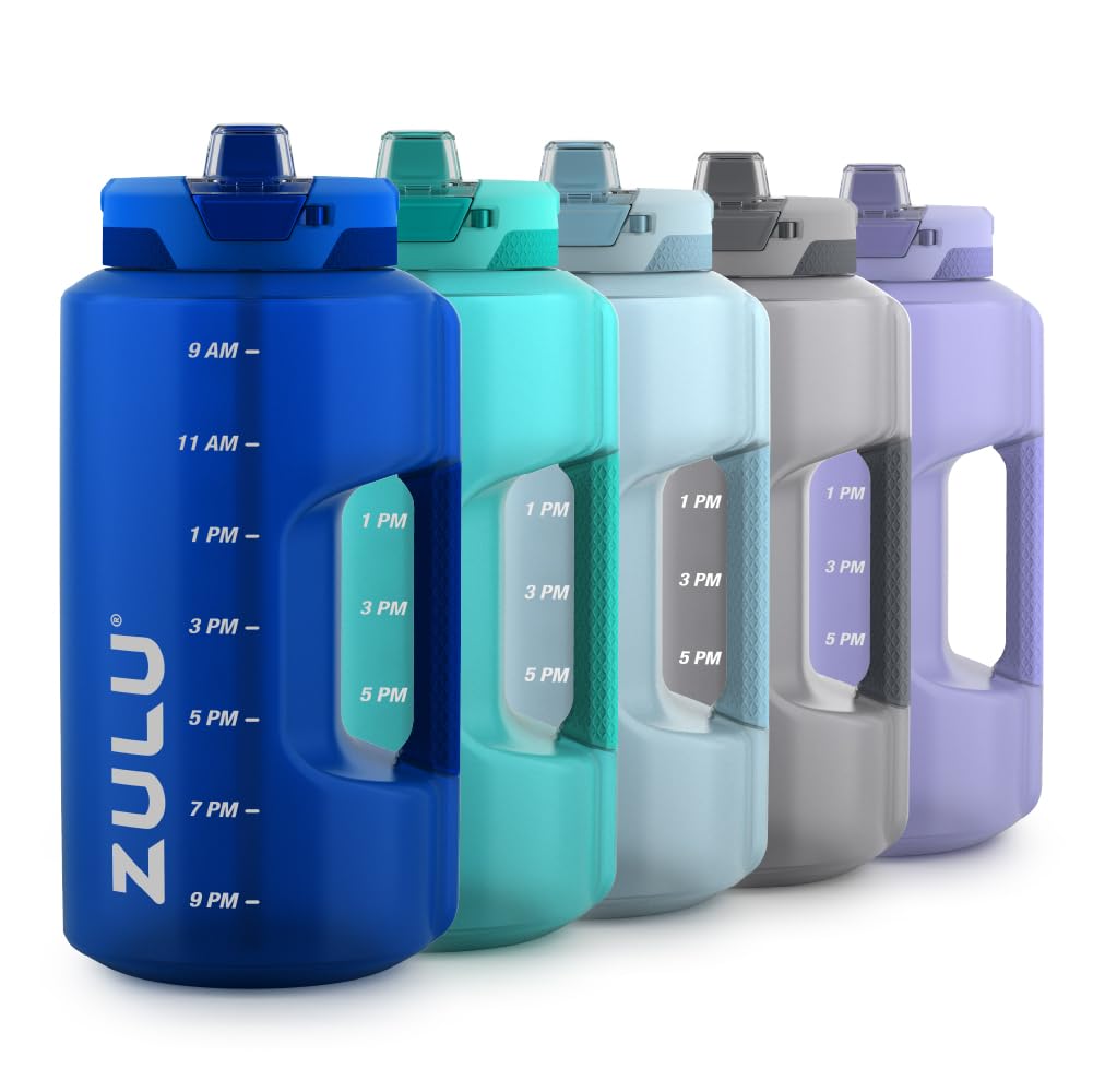 Zulu Goals 128oz Half Gallon Plastic Water Bottle with Straw and Time Marker | Large Reusable Jug with Handle and Leak Proof Lid for All Day Hydration, Gym and Outdoors, Gift Ready, Royal Blue