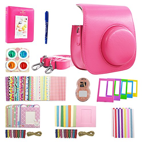 Shaveh 11 in 1 Camera Accessories for Fujifilm Instax Mini 7/8 or Mini 9 Include Camera Case/Album/Selfie Lens/Colored Filters/Wall Hang Frames/Film Frames/Border Stickers/Corner Stickers/Pen (Rose)