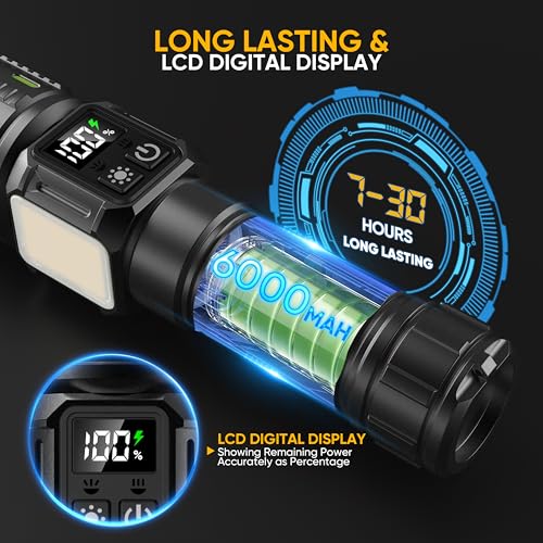 lesusnicy Rechargeable Flashlights High Lumens 100,000, Super Bright LED Flash Light Long Lasting USB C LCD Display, Dual Light Source & Buttons with Red Light, for Camping Hiking Emergency Home Gift - image 4