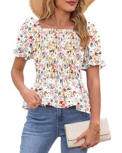 Womens Puff Short Sleeve Babydoll Tops Floral Summer Peplum Blouse Smocked Square Neck Loose Fit Ruffle Dressy Tee Shirts2