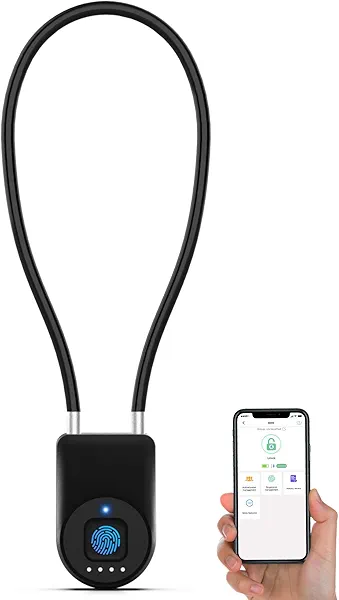Anweller Fingerprint Cable Lock, 14" Long Shackle Small Padlock, Keyless Entry Biometric Bluetooth Smart Waterproof Combination Pad Lock for Gate Outdoor Fence Fridge Cabinet Locker Pool Bike - Black