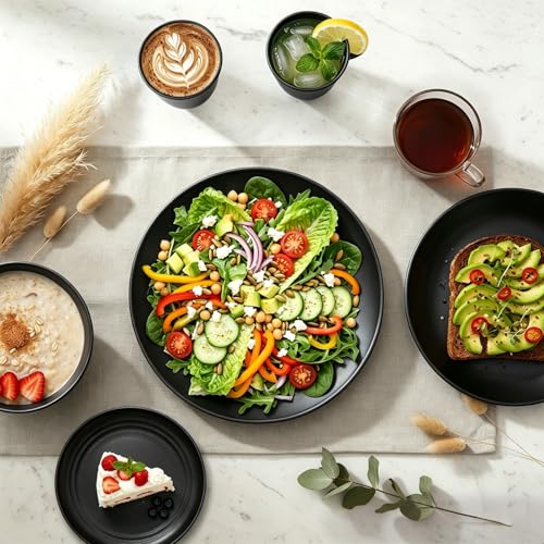 Image of Kitchen Wheat Straw Dinnerware Set 40 PCS Dishes Sets for 8 Plastic Plates Reusable Dinner Plates Cereal Bowls Small Cups Dishwasher & Microwave Safe Unbreakable Dish Set for Picnic RV-Black
