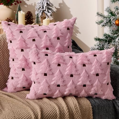 Image of Allorry Christmas Pillow Covers 20x20 inch Set of 2 Pink Christmas Decorations Soft Plush Faux Fur Wool Christmas Tree Throw Pillow Cases Winter Holiday Decor for Sofa Living Room PT002E20