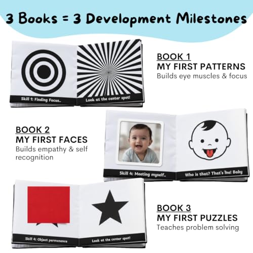Image of Nubokind Flash Cards for New Born Baby | High Contrast Flash Cards for 0-3 Months (Pack of 3 Soft Books) | Black and White High Contrast Baby Toys for 0-6 Months | Sensory Tummy Time Toys for Babies