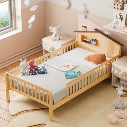 Sweetcrispy Twin Size Kids Bed with Storage - Solid Wood House Headboard & Safety Guardrails,...