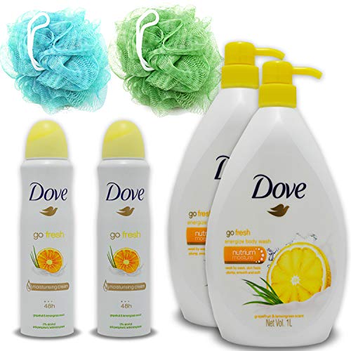 Dove Body Wash And Deodorant Kit: 2 Pack 33 Oz Grapefruit And Lemongrass Scent Moisturizing Bodywash Soap With Pump For Women & 2 Pack of Womens Antiperspirant Deoderant Spray & Aqua & Green Loofah.