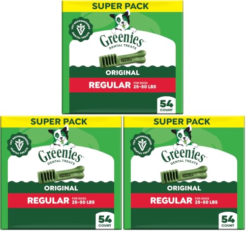 Image of Greenies Veterinarian-Recommended Adult Natural Dental Dog Treats Regular Size, Dog Dental Chews, Original Flavor, 54 oz. Pack, 54 Count (Pack of 3)