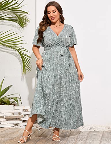 Image of ShopWonder Womens Plus Size V Neck Wrap Maxi Dress High Waist Ruffle Summer Casual Dress with Belt