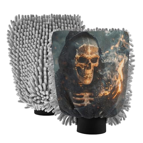 ALAZA Halloween Skull Witchy Car Wash Mitt Scratch Free, 2 Pack Absorbent Microfiber/Chenille Washing & Drying Mitts, M