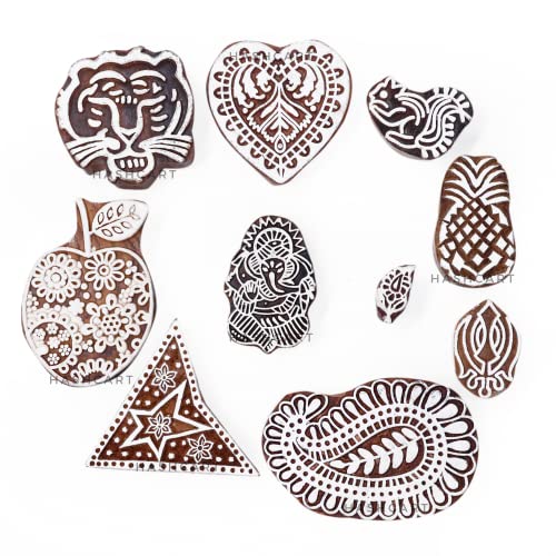 Image of Set of 10 | Handmade Multi Shape Design Blocks for Scrapbooking | Wooden Stamps for Project Designing | Fabric Textile | Clay | Pottery Craft