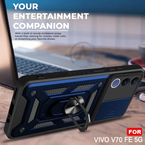 Image of AESTMO Tough Armor VIvo V70 FE 5G Bumper Back Case Cover | Ring Holder & Sliding Camera Shield Cover | 360 Degree Protection Back Case Cover for VIvo V70 FE 5G (Blue)