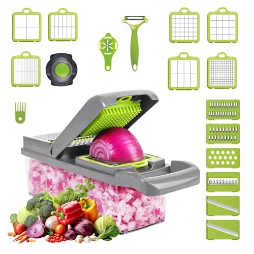 Manual Vegetable Chopper with Container - 16 in 1 Professional Mandoline Vegetable Slicer and Chopper with 8 Blades - Multifunctional Vegetable Cutter, Mincer, Dicer for Potato, Tomato, Veggie, Salad -  Yiwu Youshu Import And Export Co., Ltd, 23-L03322