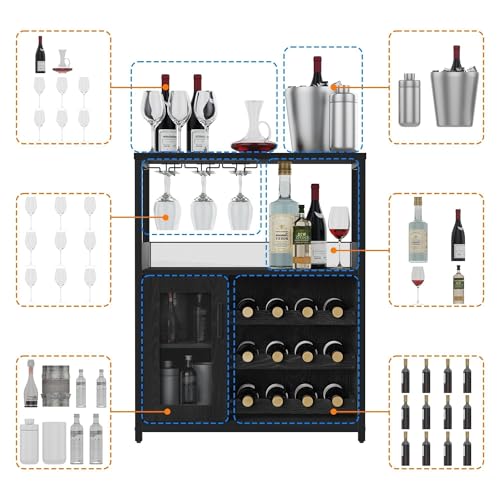 Image of Vintage Industrial Wine Bar Cabinet with Adjustable Wine Racks and Glass Holders, Mesh Door Sideboard Storage Cabinet for Living Room, Kitchen, Dining Room, Compact Design, Easy Assembly,Black