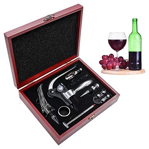 SumDirect Wine Opener Set, Lever-Arm Rabbit Corkscrew, Wine Accessory Sets with Bottle Opener, Foil Cutters, Aerator, Wine Stopper, Thermometers, Drip Rings, Spare Spirals and Dark Cherry Wood Box Cover