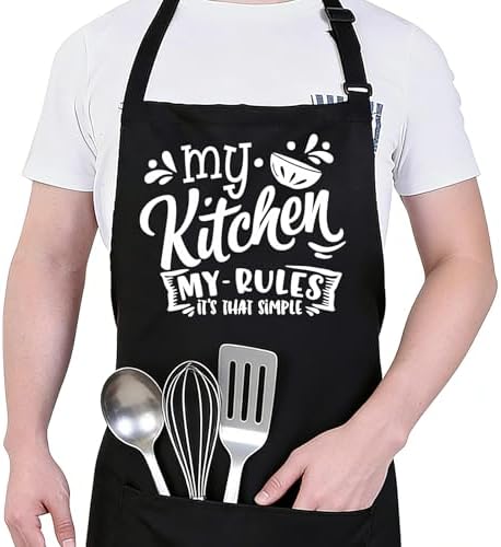 Psbrn Cooking apron for Men Women - MY KITCHEN MY RULES - Humorous Kitchen Apron with 2 Pockets & Adjustable Neck Strap, baking enthusiasts favor, cooking gift for a home cook - A07