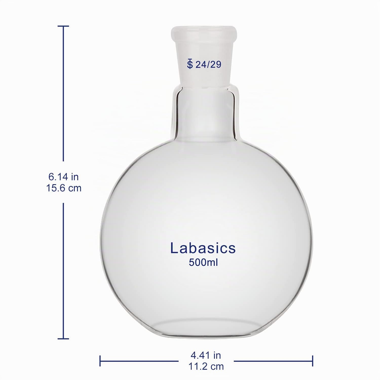 Labasics Fiole Bouillante à Fond Plat à Col Unique, Fiole Bouillante à Fond Plat en Verre Borosilicaté avec 24/29 Joint Standard, 500 ml