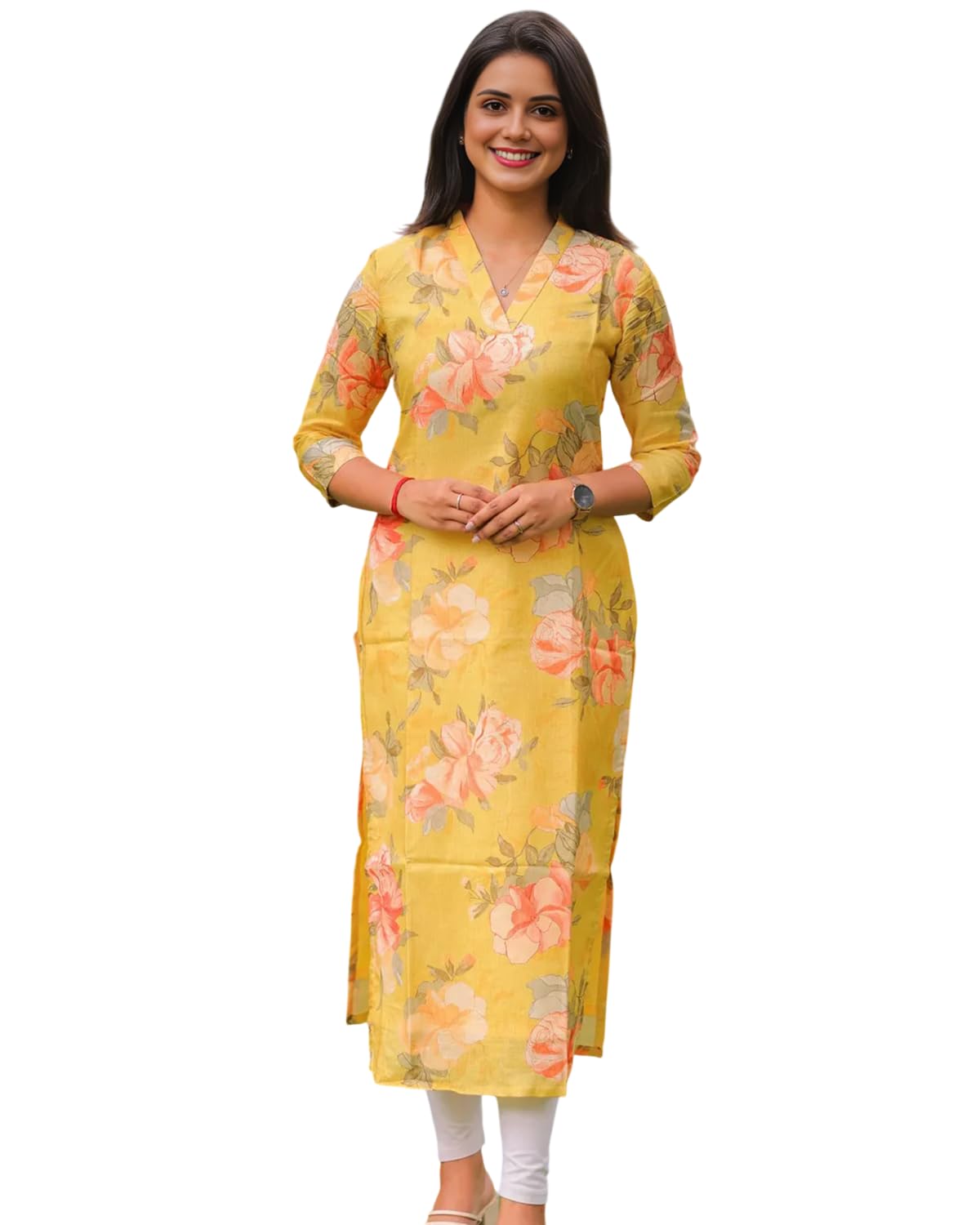 sun fashion and lifestyle Chanderi Calf Length 3/4 Regular Sleeve Printed Kurta for Women | Kurti for Woman | Kurti | Kurti for Womens Latest | Kurta (KT97_Yellow)-picture-23