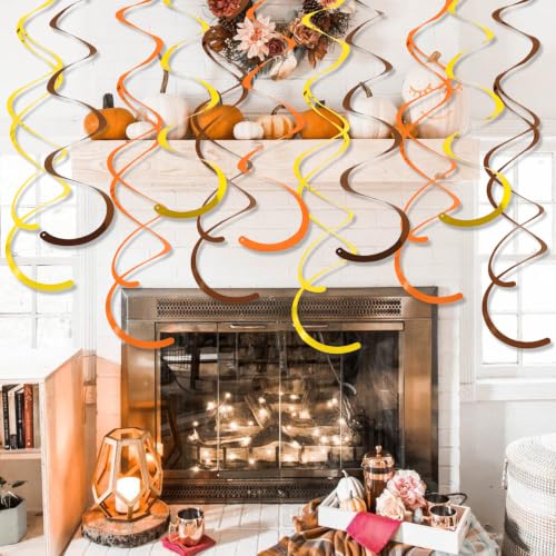 Image of 24 PCS Gold Brown Orange Hanging Swirl,Sparkle Ceiling Hanging Decorations,Plastic Streamer Party Decorations with Double-Swirls and Single-Swirls for Fall Birthday, Harvest, Thanksgiving Day,Wedding