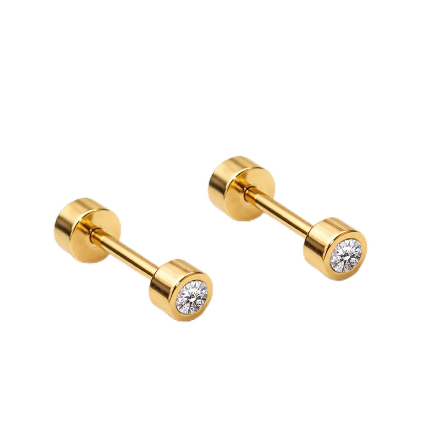 FASHIONS 4mm 18K Gold Plated Stainless Steel Anti Tarnish Tyre Shape White Stone Piercing Ear Stud Lightweight Hypoallergenic Studs Earrings for Men & Boys