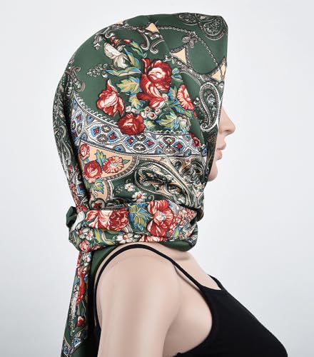 corciova XL Oversized Satin Scarf - 40x40 Inches Square in Dark Green Paisley Floral Print - Women's Fashion Scarf for Hair Wrap, Headband, Shirt Accessory & Bandana2