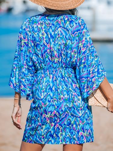 Image of CUPSHE Womens Vacation Mini Summer Dress V Neck Kimono Sleeve Belted Flowy Loose Resort Wear Casual Beach Cover Up Dress