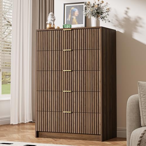 Image of MAISONARIA 5 Drawer Dresser for Bedroom, Tall Dresser Chest of Drawers with Gold Handles, 32 Inch Wide Nightstand with for Bedroom, Living Rooms, Offices, and Entryways, Walnut