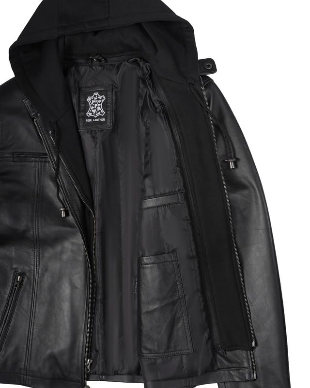Image of Decrum Hooded Leather Jacket Men | Real Lambskin Leather, Detachable Hood, Zip Closure, Multiple Pockets, Polyester Lining