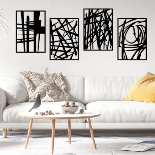 Resama Lot de 4 décorations murales abstraites en métal noir à ligne unique, moderne, minimaliste, à suspendre pour salon, chambre à coucher, salle de...