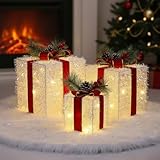 Fulong's Opulent Christmas Lighted Gift Boxes Decor Set of Three Pre-lit LED Presents | Warm White Garden, Porch, Room Decor & Tree Skirt Ornaments | Indoor 60 Lights Set
