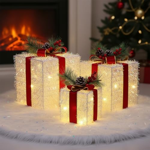 Fulongs Opulent Christmas Lighted Gift Boxes Decor Set of Three Pre-lit LED Presents | Warm White Garden Porch Room Decor & Tree Skirt Ornaments | Indoor 60 Lights Set