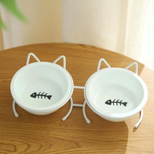 Elevated Tilted Cat Bowls for Indoor Cats, FUPOVASE Raised Ceramic Cats Bowl Elevated 15°,Pet Feeding Bowls for Food and Water Bowl Double Ceramics and Tilt Shelf Suitable for All Cat Sizes
