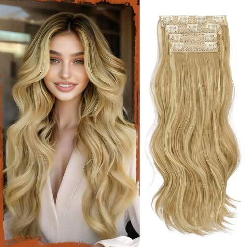 Sofeiyan Extension Capelli Clip 4PCS 50 cm Ondulati Posticci Sintetici Morbidi Naturali Fermagli Antiscivolo Invisibili Capelli Estensioni a Clip per Donna, Biondo Cenere Scuro misto Chiaro