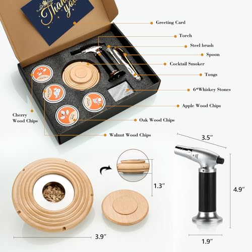 Cocktail Smoker Kit, Whisky Steine, Flambierbrenner, Vatertagsgeschenk, Old Fashioned Whiskey Smoker Drinks Kit, Cocktail Zubehör Für Getränke, Bourbon-Buche(Butan Nicht inbegriffen)