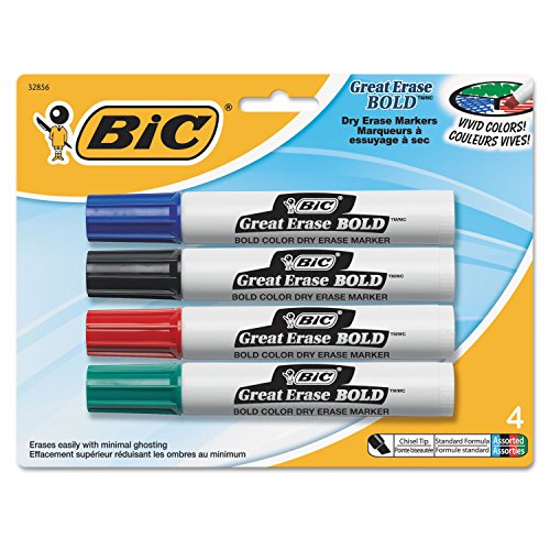 BIC Great Erase BOLD Dry Erase Marker, Tank Style, Chisel Tip, Assorted Colors, 4-Count