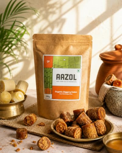 Image of Aazol Organic Jaggery Cubes: Pure Shrirampuri Gur - 1.95kg (650g - Pack of 3) | Natural & Organic | Made with Pure Desi Cow Ghee | Best Texture | Long Shelf Life