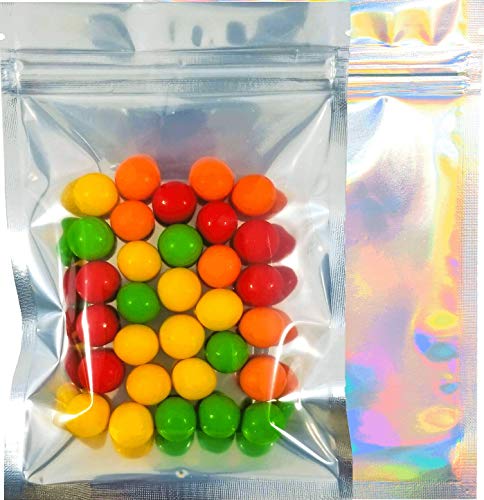 100 Smell Proof Mylar Bags - 4x6 inch Holographic Rainbow Color Resealable Clear