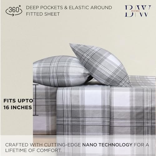 Image of Briarwood Home Printed Flannel Sheet Set, 100% Natural Cotton, Soft, Warm & Deep Pocket, Advanced Nano-Tech Making it Resistance to Pilling; Brushed 6 Times for Softness (Grey Plaid, Queen)