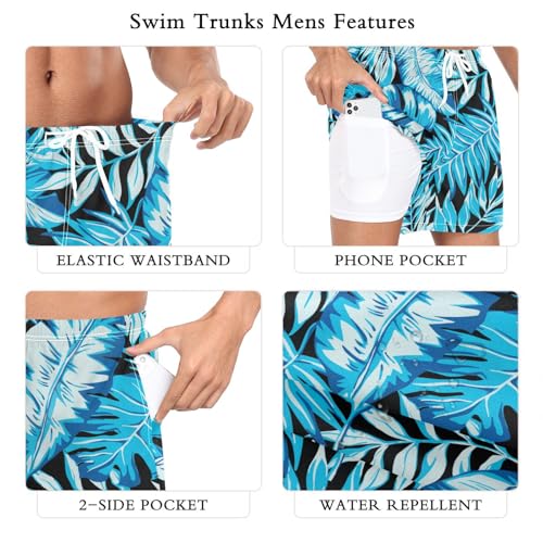 Mens Swim Trunks Blue Palm Leaf Plant Swim Shorts Quick Dry Beach Shorts with Compression Liner and Zipper Pocket3